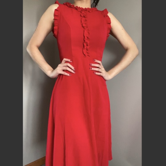 Red Ruffle Trim Sleeveless Fit and Flare Dress - Picture 1 of 6